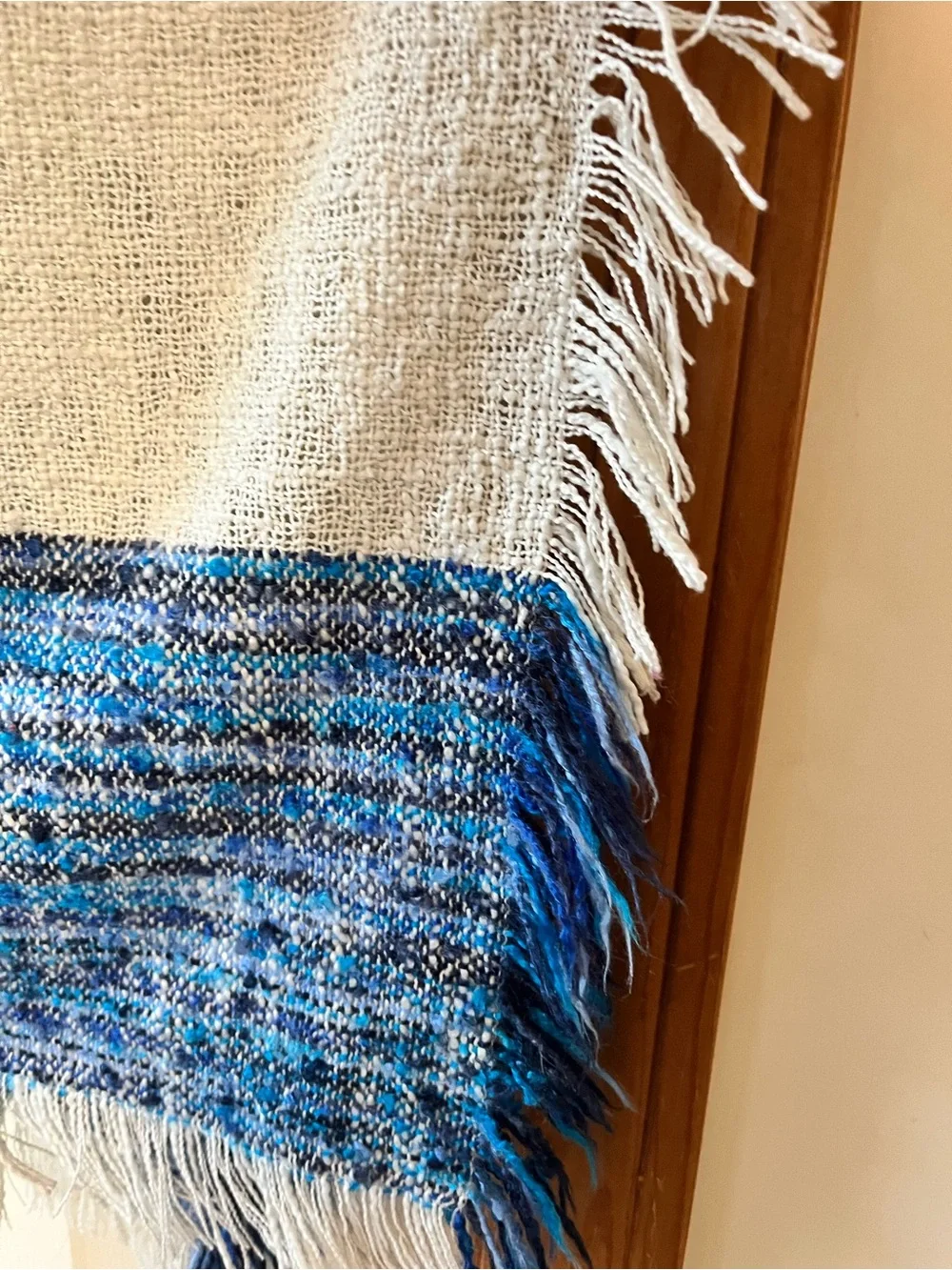 Cream and Blue Fringe Wrap Shawl